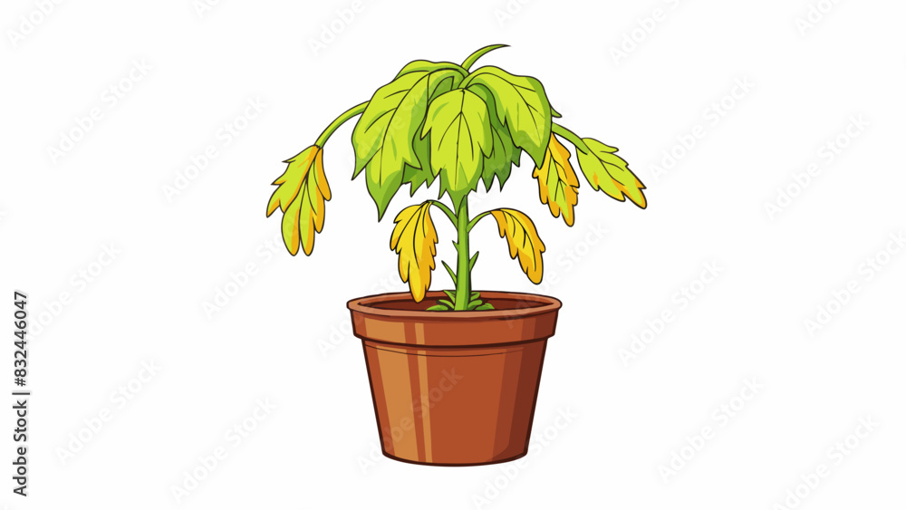 A wilted and drooping houseplant with yellowing leaves and a layer of dust covering its pot. Its stems are bent and broken from lack of care and. Cartoon Vector. A wilted and drooping houseplant with yellowing leaves and a layer of dust covering its pot. Its stems are bent and broken from lack of care and. Cartoon Vector.