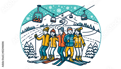 Friends Enjoying Skiing in Winter Mountains