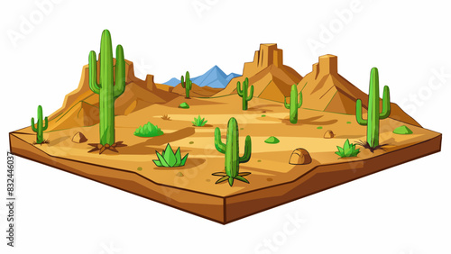 A wide open territory of desert plains stretching for miles in every direction. The ground is dry and dusty dotted with cacti and small shrubs. In the. Cartoon Vector.