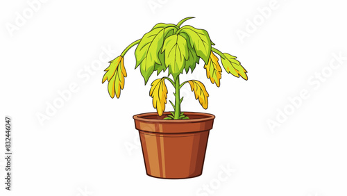 A wilted and drooping houseplant with yellowing leaves and a layer of dust covering its pot. Its stems are bent and broken from lack of care and. Cartoon Vector.