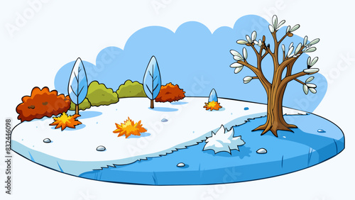 A winter morning The air is cold and sharp with a clear blue sky and a faint frost on the ground. The grass and leaves are brittle and crunch. Cartoon Vector.