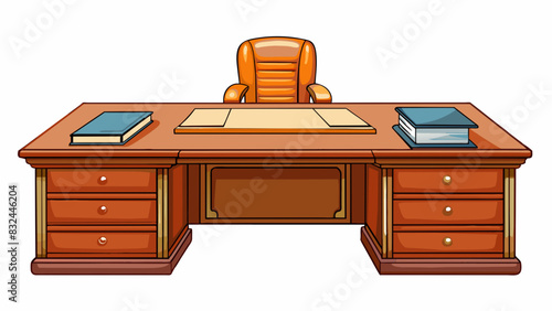A wooden desk with clean lines symmetrical drawers and a glossy finish. There is a leather swivel chair p in front of it and a stack of file folders. Cartoon Vector.