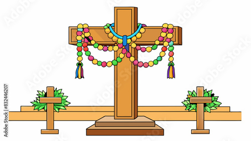 A wooden cross decorated with flower garlands and colorful ribbons standing tall in a church courtyard.. Cartoon Vector.