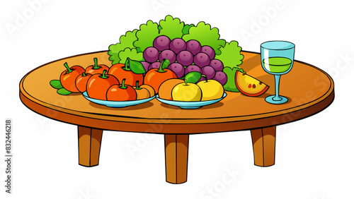 A wooden table adorned with a colorful spread of fresh fruits including juicy red apples plump purple gs and vibrant orange oranges. A glass bowl. Cartoon Vector.