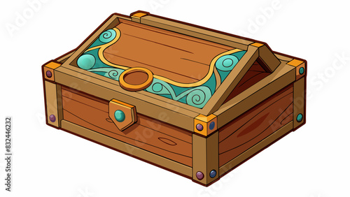 A wooden box with a hinged lid carved with intricate designs on the top and sides. Inside layers of tissue paper hide a beautiful piece of handmade. Cartoon Vector.