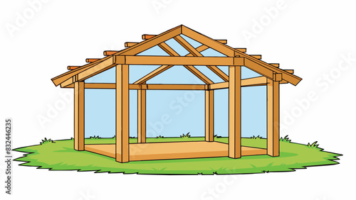 A wooden frame standing in a field with evenlyspaced vertical and horizontal beams supporting a roof made of straw. This framework is sy and durable. Cartoon Vector.