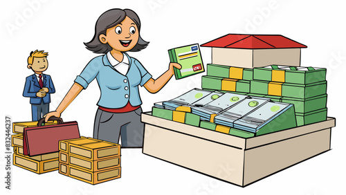 A woman with a fake ID and a large stack of counterfeit money trying to discreetly pass it off as real at a busy market.. Cartoon Vector.