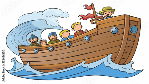 A wooden ship navigating rough waters with its sy hull and determined crew willing to brave any storm to reach its destination.. Cartoon Vector.