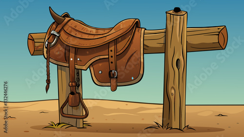 A worn leather saddle hangs on a post outside the stables its deep brown color fading from years of use. The stirrups are scuffed and the reins are. Cartoon Vector.