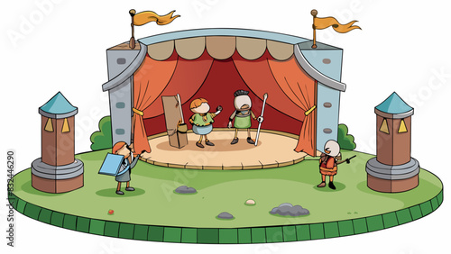 A worn down makeshift stage in a park adorned only by a tattered banner and a few prop pieces as a small troupe of actors bring to life a classic. Cartoon Vector.