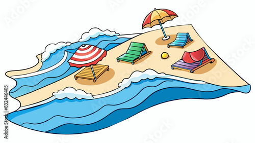 Along the coastline the sandy beaches are dotted with colorful beach towels and sun umbrellas while the ocean waves gently crash onto the shore.. Cartoon Vector.