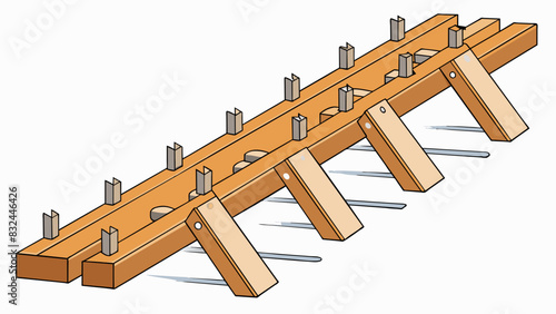 Along the rail evenly spaced wooden ties provide support and stability. The ties are firmly anchored into the ground and are tightly secured to the. Cartoon Vector.