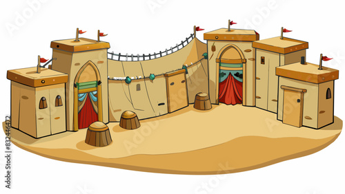An ancient desert settlement with mudbrick homes ed together to form a protective barrier against sandstorms and ornate tapestries hanging from wooden. Cartoon Vector.