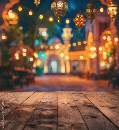 Empty wooden table with lantern hanging on top on blur mosque background