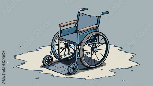 An empty wheelchair with frayed ss and worn wheels sitting in a corner with no one to use it. It bears the markings and scratches of time and neglect. Cartoon Vector.