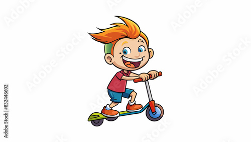 An energetic kid with a messy ponytail and braces zooming around on a scooter leaving a trail of laughter and excitement in her wake.. Cartoon Vector.