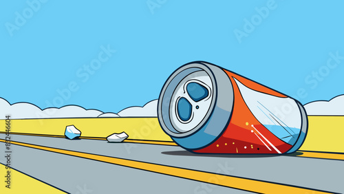 An empty aluminum can crushed and flattened sits on the side of the road. Its metallic sheen reflects the suns rays drawing attention to its presence. Cartoon Vector.