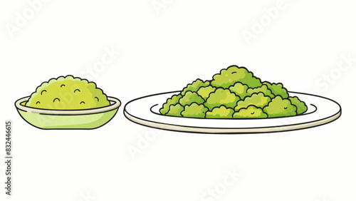 An empty plate with a pile of untouched broccoli on one side and a pile of finished mashed potatoes on the other. The uneven distribution of food. Cartoon Vector.