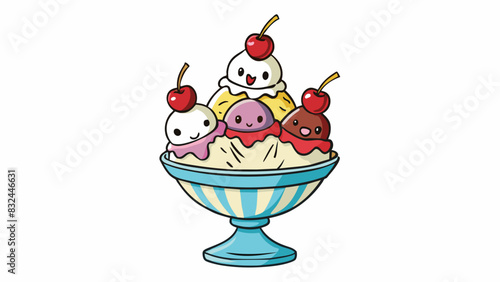 An ice cream sundae topped with an odd number of cherries asymmetrical and not quite balanced.. Cartoon Vector.