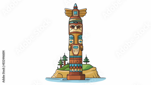 An intricately carved totem pole stands tall in a small coastal village telling the stories and legends of the indigenous people who have lived in the. Cartoon Vector.
