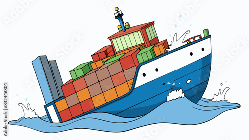 An overloaded cargo ship floating in the water visibly sinking deeper into the ocean due to its immense weight. The ships bulky and massive structure. Cartoon Vector.