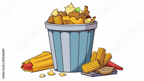 An overflowing garbage can with overflowing fast food wrappers The garbage can is overflowing with paper wrappers cups and containers from various. Cartoon Vector.