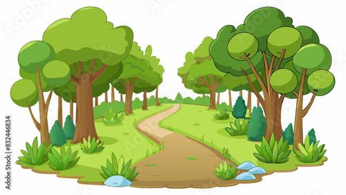 An overgrown pathway with tall swaying trees on either side leading to a small secluded pond.. Cartoon Vector.