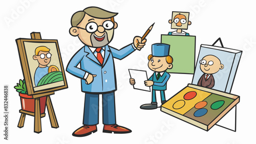 Artistic Assessment An art professor evaluates their students artworks by looking at the use of color composition and subject matter. They also. Cartoon Vector.