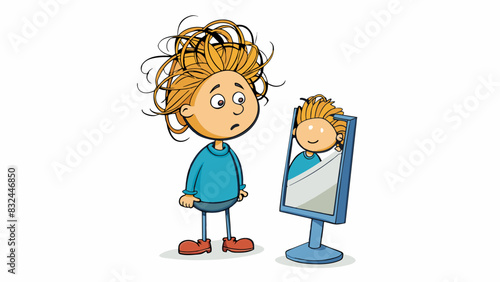 As I looked in the mirror I realized that my hair was a mess from the windy day. Strands of hair were sticking out in all directions and my once sleek. Cartoon Vector.