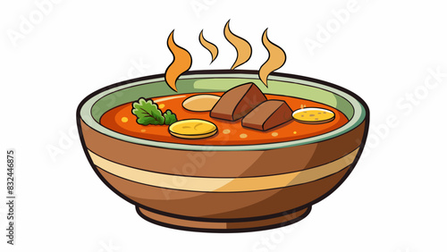 An overflowing bowl of steaming hot soup featuring chunky vegetables tender pieces of meat and savory broth. A crusty roll sits on the side perfect. Cartoon Vector.