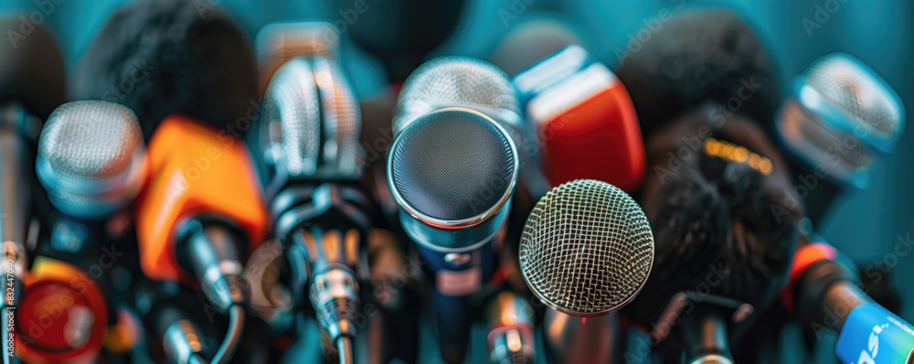 © Anna - Close-up of microphones at a press conference with colorful lighting.