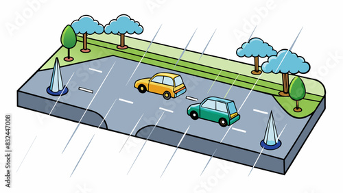 As the rain fell steadily from the dark clouds above the once dusty pavement was transformed into a slick reflective surface mirroring the blurred. Cartoon Vector.