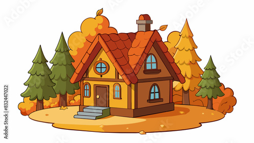 As the crisp autumn leaves parted ways a winding path appeared leading to a quaint cottage nestled in the dense forest its warm lights beckoning.. Cartoon Vector.