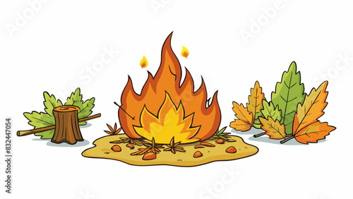 As the fire spread the dry leaves and twigs in the forest quickly caught flame their brittle texture feeding the hungry blaze.. Cartoon Vector.