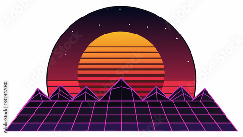 As the sun sets behind the mountains the colorful skyline gradually disappears giving way to a dark starry sky.. Cartoon Vector.