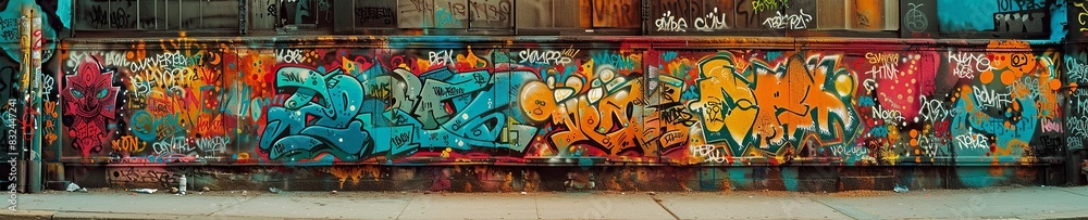 Obraz premium Colorful Graffiti Art on Urban Brick Wall banner background