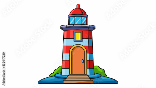 At the entrance of the port there is a towering lighthouse to guide ships safely into the harbor. The lighthouse is painted in bold vibrant colors and. Cartoon Vector.