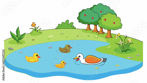 At the edge of the park there is a serene pond where a family of ducks can be seen gliding peacefully across the calm water. Colorful fish swim lazily. Cartoon Vector.