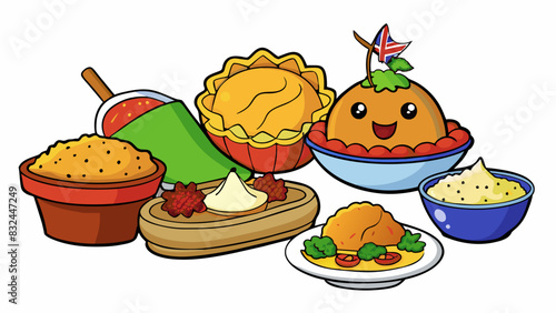 Australias cuisine is a melting pot of flavors influenced by Asian European and Indigenous cultures. From fragrant Thai curries to hearty meat pies. Cartoon Vector.