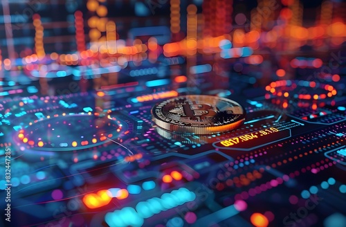 Gold Coin Amidst Holographic Market Trends A Striking Visual of Virtual Wealth and Traditional Value