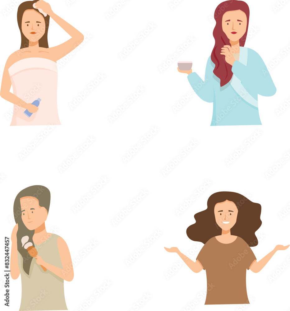 Set of four illustrations depicting women in various selfcare activities