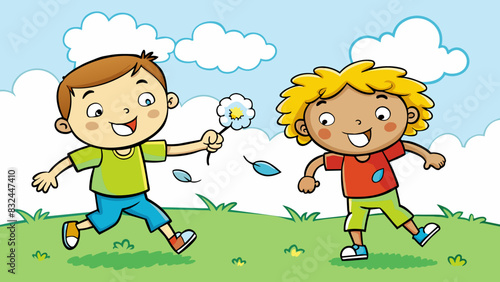 Children could be seen chasing each other in the park squealing with delight as they blew dandelion seeds into the air. The clear blue sky was dotted. Cartoon Vector.