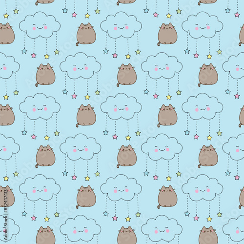 Cats Sleeping In The Clouds Seamless Vector Pattern Design