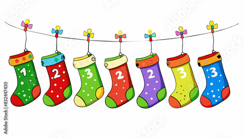 Counting down the days until Christmas a family hangs up thirteen colorful stockings in their living room. Each one is adorned with glitter beads and. Cartoon Vector.