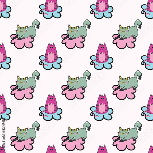 Cats Sleeping In The Clouds Seamless Vector Pattern Design (2)