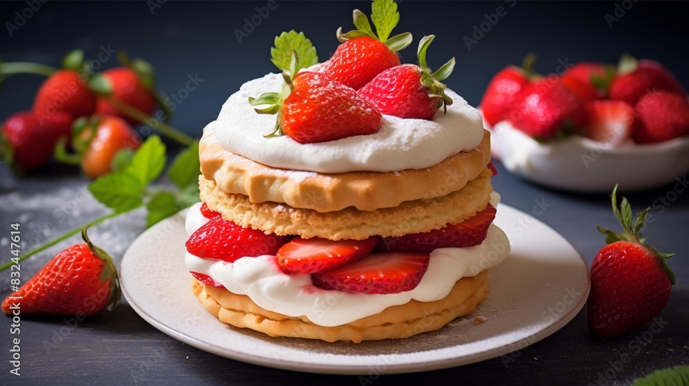 close up of cake with strawberries and cream; photo of plate with homemade pancakes decorated with whipped cream close up of cake with strawberries and cream; photo of plate with homemade pancakes decorated with whipped cream