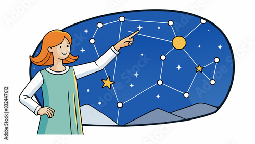 Eve looked up at the night sky mesmerized by the dazzling display of stars ling above her. She pointed out constellations to her companions tracing. Cartoon Vector.