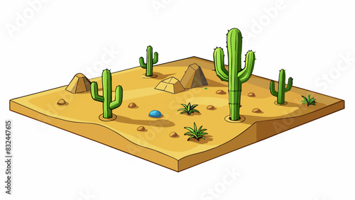 Envision a vast sandy desert that stretches as far as the eye can see. The scorching sun beats down on the dunes casting long shifting shadows. A lone. Cartoon Vector.