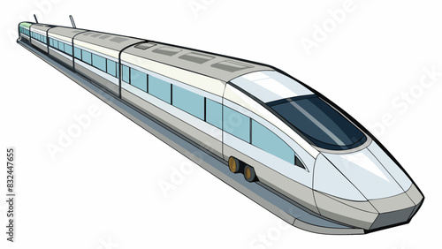 Fifteen feet above the rail a sleek modern train glides effortlessly along the tracks. Its silver exterior gleams in the sun and the windows reflect. Cartoon Vector.