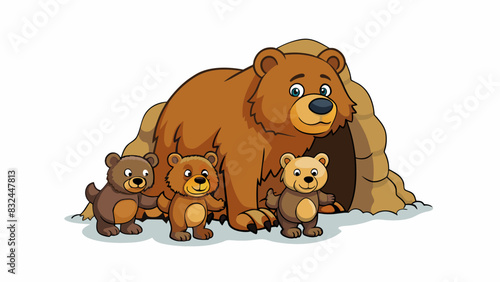 From the depths of a cozy den a mother bear guides her newborn cubs into the outside world their fuzzy bodies and curious eyes a sure sign of the. Cartoon Vector.